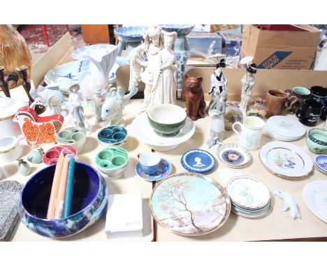 A quantity of assorted decorative ceramics to include commemorative plates, modern figures etc., A quantity of assorted glass
