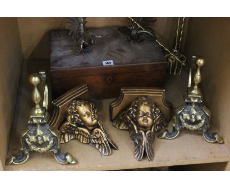 A mixed lot to include a writing box (af), set of fire tools, andirons etc 