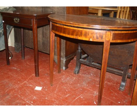 A George III mahogany and crossbanded demi-lune card table 100cm wide and a George III mahogany tea table with a frieze drawe