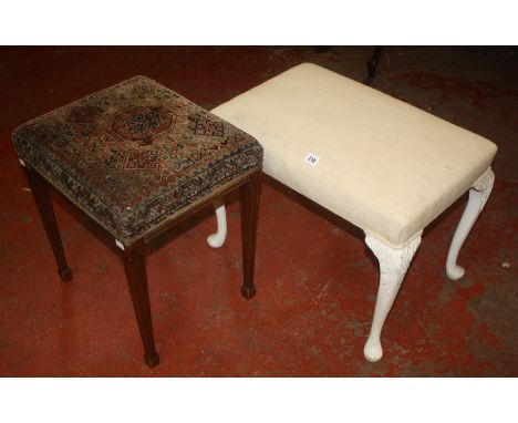 A hardwood side cabinet, a white painted stool, and an Edwardian mahogany stool bearing plaque 'John Finch & Co'