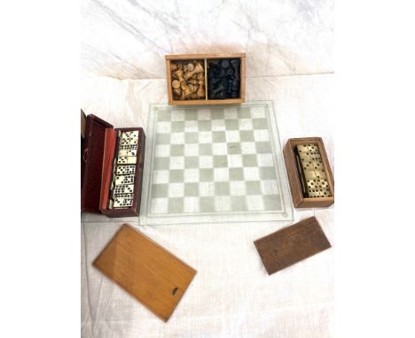Vintage double nines sets and 1 Vintage bone and ebony dominoes with a complete chess set 