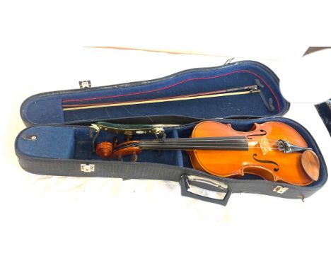 Cased Antonius Stradivarius Cremonenfis Faciebat Anno 1709 Reghin made in Romania violin, P &amp; H London violin bow 