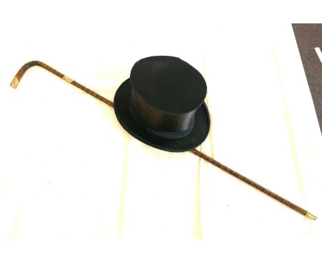 18ct Gold plated cane antique walking stick and a vintage pop up top hat 