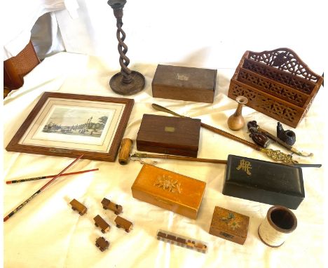 Selection of wooden items includes chess set, candle stick etc 