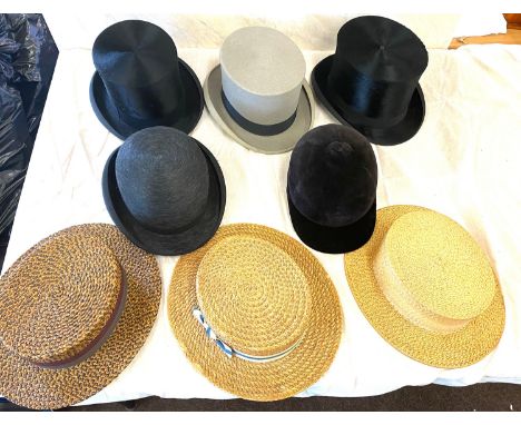 Selection of vintage mens Bowler, Top and horse riding hats 