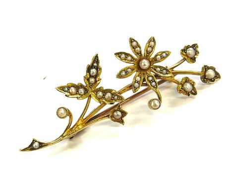 antique 15ct seed pearl set floral design bar brooch 3.8g 