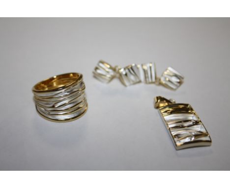 A SILVER GILT DESIGNER STYLE RING, PENDANT AND EARRING SET,  APPROX WEIGHT 12.8 G