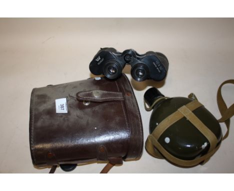 A CASED PAIR OF REGENT 10X50 BINOCULARS TOGETHER WITH A MILITARY STYLE FLASK