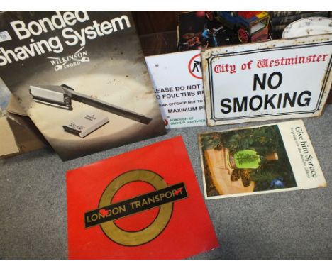 A COLLECTION OF VINTAGE BARBER  &amp; TRANSPORT ADVERTISING SIGNS, TO INCLUDE ENAMEL EXAMPLES