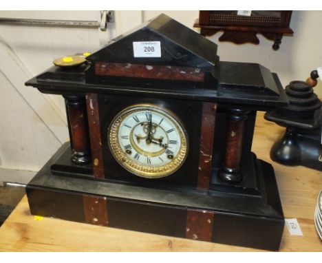 A BLACK SLATE AND MARBLE ANSONIA GONG STRIKE MANTEL CLOCK WITH KEY AND PENDULUM, H 35 CM, W 44 CM, D 15.5 CM