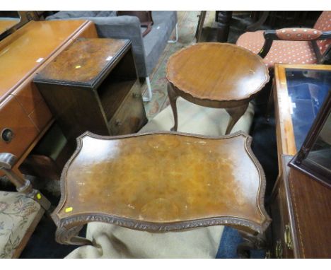 A VINTAGE WALNUT BEDSIDE CABINET, WALNUT COFFEE TABLE AND A CIRCULAR COFFEE TABLE (3)