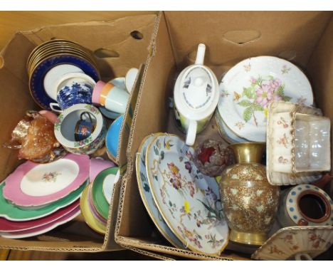 TWO TRAYS OF ASSORTED CERAMICS TO INCLUDE HARLEQUIN CUPS AND SAUCERS ETC.