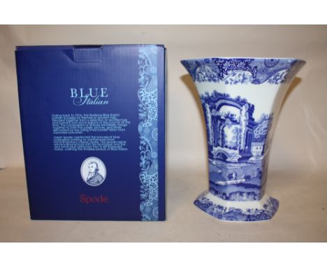 A BOXED SPODE BLUE ITALIAN DESIGN, HEXAGONAL VASE HEIGHT 27CM