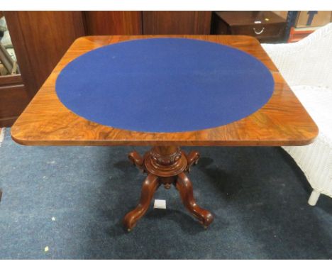 A 19TH CENTURY ANTIQUE FOLD-OVER CARD TABLE WITH BAIZE LINED INTERIOR W-97 CM S/D