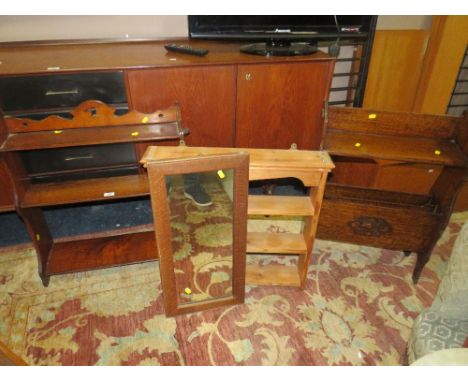 AN EDWARDIAN HANGING SHELF, A 1930;S OAK PAPER RACK, A PINE SHELF AND A MIRROR (4)