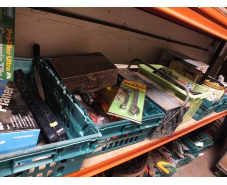 FIVE BOXES PLUS A TOOLBOX OF HAND TOOLS AND PARTS ETC ( PLASTIC TRAYS NOT INCLUDED )
