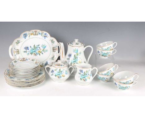 A Haviland Limoges Aquarius pattern part service, comprising coffee pot and cover, jug, sucrier and cover, six cups and sauce