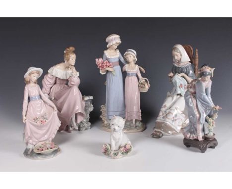Six Lladro figures, comprising Mayumi, No. 1449, Playful Character, No. 8207, Embroiderer, No. 4865, Sisters With Flowers, No