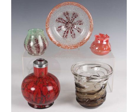 An Art Deco Schneider Cordée glass vase, 1928-30, of gently flared cylindrical form, shaded from brown to clear with relief a