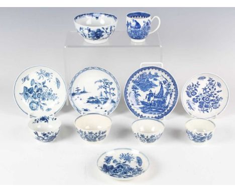 A small group of Worcester underglaze blue decorated wares, late 18th century, comprising three teabowls and three matched sa