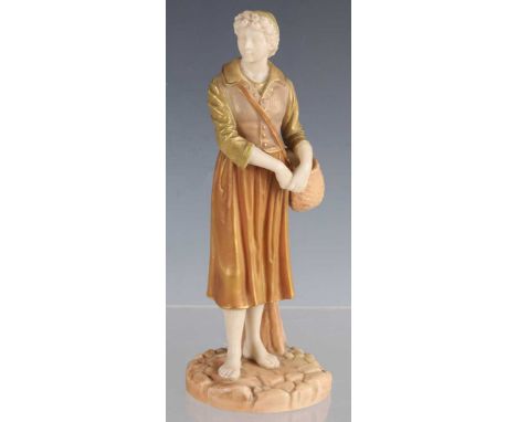 A Royal Worcester figure of a French Fisher girl, dated 1898, decorated in shot enamels, model No. 1202, puce printed and imp