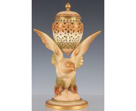 A Royal Worcester blush ivory potpourri and cover, dated 1905, modelled as an ovoid jar and cover pierced with masks amidst f