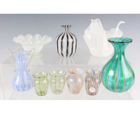 A Murano glass Fazzoletto vase in the style of Venini, post-war, of handkerchief shape with white vertical stripes of zanfiri