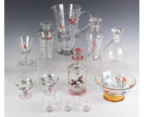 An unusual Webb glass decanter and stopper and three matching glasses, probably 1930s, each engraved with clown puppets, acid