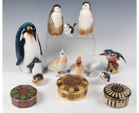 A Beswick Kingfisher, Model No. 2371, together with seven Russian Lomonosov bird models, a pottery model of a penguin and chi