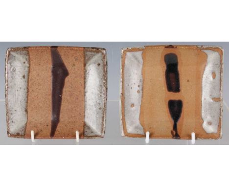Two small Janet Leach St Ives Repeat stoneware studio pottery dishes, of rectangular shape with resist glazed geometric decor