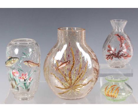 A Moser amber tinted crackle glass vase, 1900-25, of flattened bulbous shape beneath an extended neck, enamelled with fish am
