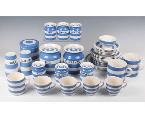 A mixed group of T.G. Green blue banded Cornish Ware, with shield marks, comprising two large storage jars and covers for Ric