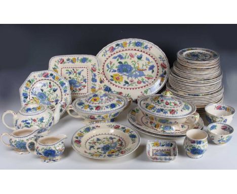 A Mason's Regency pattern part service, including three oval platters, longest 35cm, a pair of oval tureens and covers, thirt