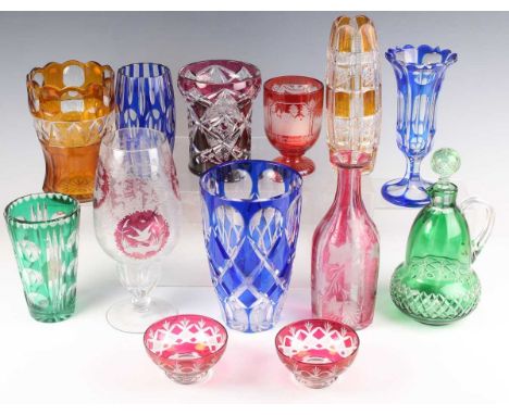A mixed group of flashed and cut glass, 20th century, comprising a blue flashed footed specimen vase, height 21cm, two other 