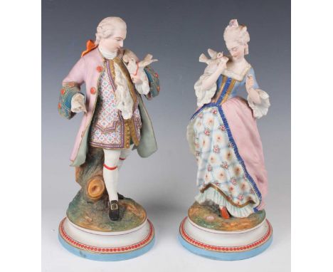 A pair of French bisque porcelain figures, late 19th century, modelled as a gallant sending a love letter attached to a dove,