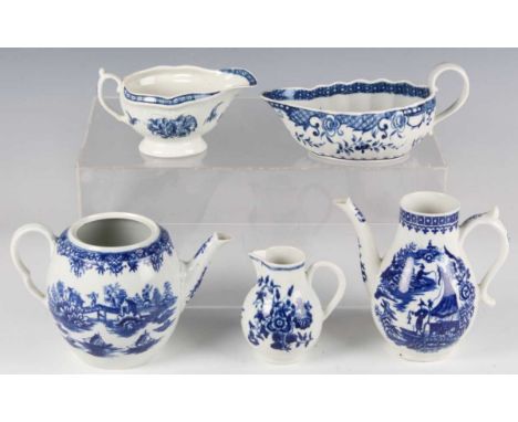 A Worcester Full Moon pattern sauceboat, circa 1775-80, unmarked, length 19cm, a Worcester Strap Flute Floral sauceboat, open