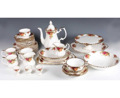 A Royal Albert Old Country Roses pattern part service, including an oval platter, length 32.8cm, two sauce boats and stands, 