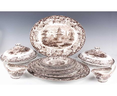 A Wedgwood brown printed part service, 19th century, decorated with a number of chinoiserie views, comprising twelve graduate