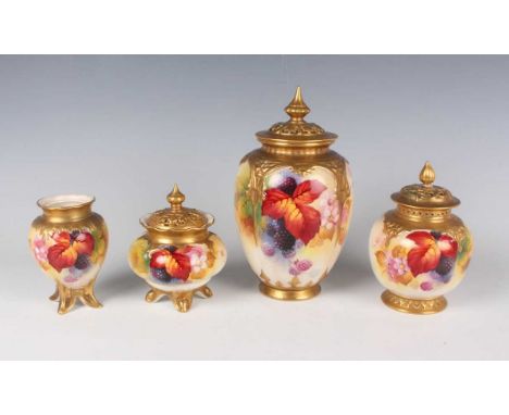 Four pieces of Royal Worcester each painted by K. Blake, signed, dated 1933 and 1934, all decorated with autumn berries withi