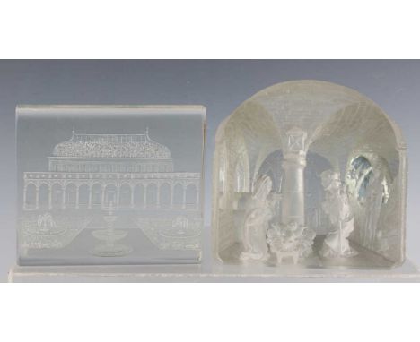 A moulded, cut and engraved prismatic glass block nativity scene, probably early 20th century, unmarked, height 16cm, togethe