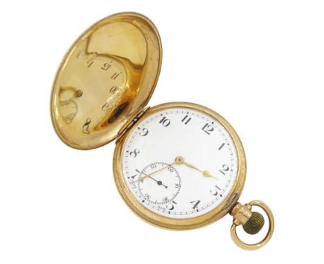 Rolex early 20th century 9ct gold full hunter, keyless lever pocket watch, white enamel dial with Arabic numerals and subsidi