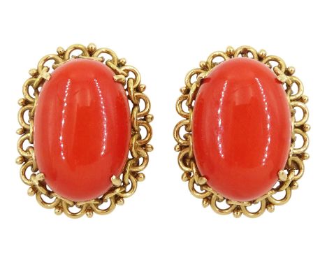 Pair of 14ct gold coral screw back earrings, stampedCondition Report:Approx 16.7gm, tested 14ct, overall head = 26mm x 20mm, 