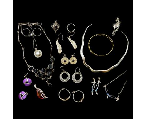 Collection of silver and stone set silver jewellery including hoop earrings, one pair by Ola Gorie, amber pendant, five rings