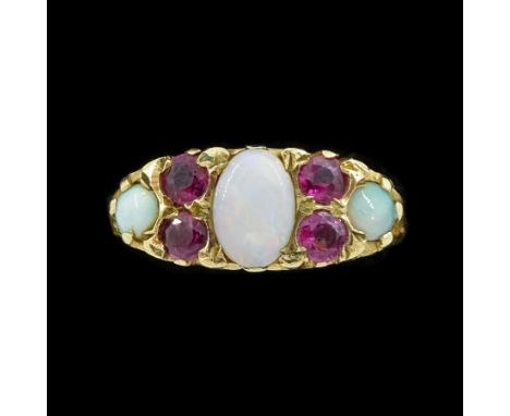 9ct gold three stone opal and four stone ruby ring, Birmingham 1976Condition Report:Approx 2.1gm, size K, max depth = 6.5mm