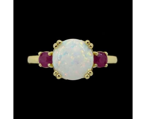 Silver-gilt three stone ruby and opal ring, stamped 925Condition Report:Size P-Q, good condition