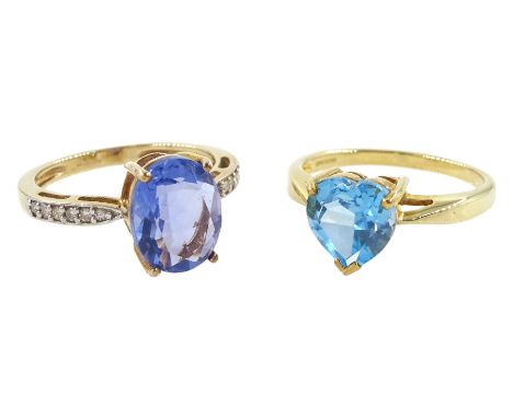 Gold heart cut blue topaz ring and a gold blue stone set ring, with diamond set shoulders, both hallmarked 9ctCondition Repor