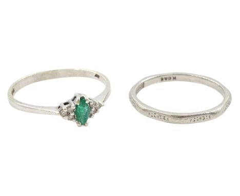 Early 20th century 'Infidelity' wedding band, stamped Platinum and a later 9ct white gold oval cut emerald and diamond chip c