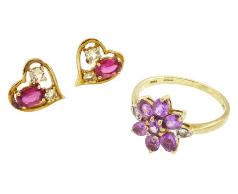 Gold purple sapphire and diamond flower head cluster ring and a pair of gold stone set heart shaped earrings, all hallmarked 