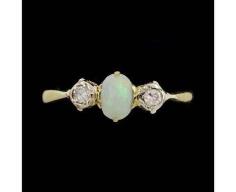 Early 20th century three stone opal and diamond ring, stamped 18ct PlatCondition Report:Approx 2.35gm, size P, max depth = 5.