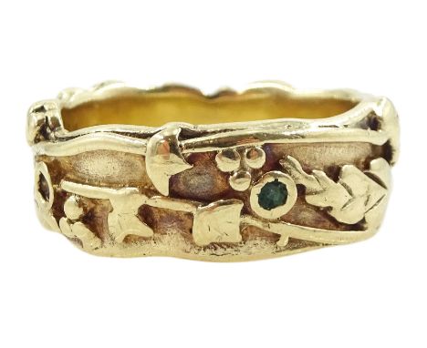 9ct gold two stone emerald, grape vine leaf design ring, hallmarkedCondition Report:Approx 7gm, size N-O, max depth = 8.2mm, 